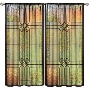 Stained Glass Curtains, Yellow Glass Window Print Rod Pocket Thermal Insulation Window Treatments for Living Room Bedroom Kitchen Cafe Drapes 42x45 Inch