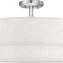Doraimi Lighting 20 Inch LED 24W Adjustable 3000/4000/5000 Brushed Nickel Double Drum Linen Fabric Shade Semi Flush Mount Close to Ceiling Light Fixture for Bedroom,Living Room,Dining Room Hallway