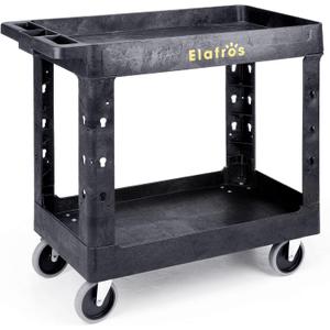 ELAFROS Heavy Duty Plastic Utility Cart 34 x 17 Inch - Work Cart Tub Storage W/Deep Shelves and Full Swivel Wheels Safely Holds up to 550 lbs - 2 Tier Service Cart for Warehouse,Garage, Cleaning