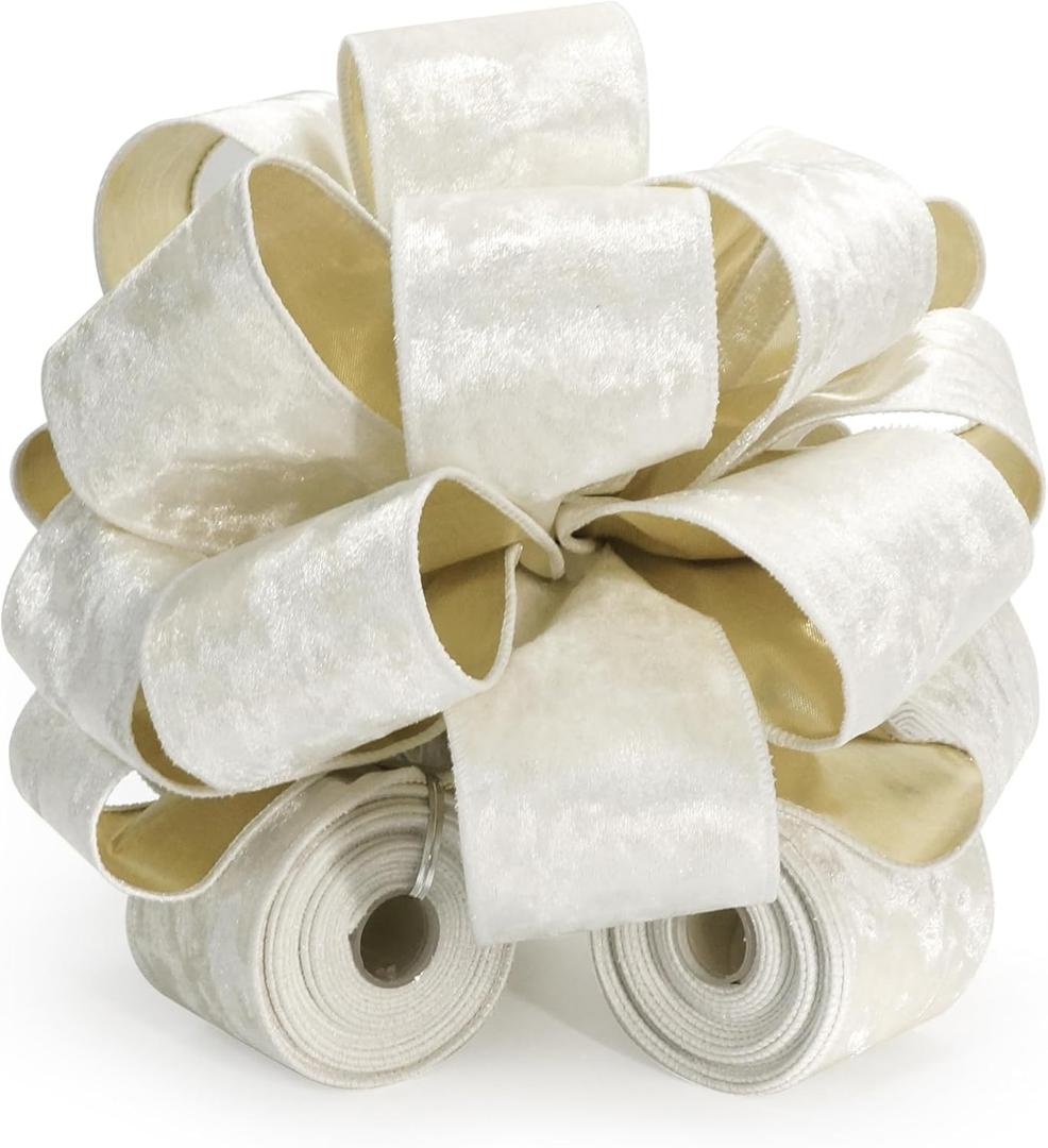 CT CRAFT LLC Ivory Velvet Metallic Backing Christmas Tree Topper Bow 11" with 4 Ribbon Streamers x 3 Yards Long Each for Holidy Elegant Fancy Home Dcor Indoor