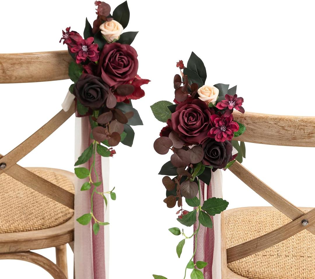 Ling's moment 2 Wedding Artificial Aisle Pew Flowers Chair Decorations Arrangements with Chiffon Ribbons Bordeaux Red for Ceremony Reception Chair Back Floral Decor Reception Church Party Outdoor,Bordeaux Red
