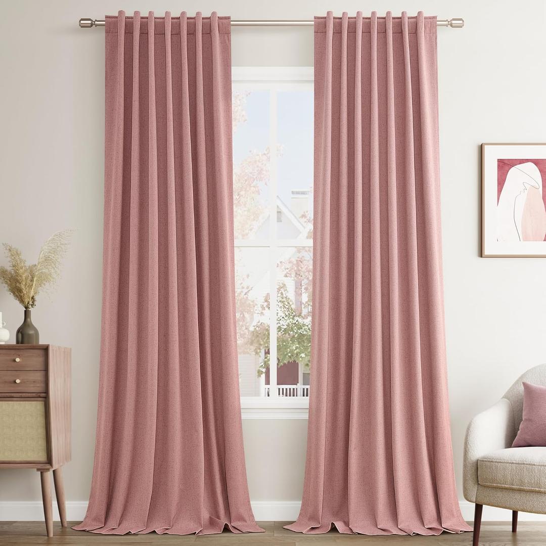 Guken 100% Linen Blackout Curtains 120 Inch Length 2 Panels Set for Living Room Bedroom Back Tab Thermal Insulated Black Out Linen Drapes Room Darkening Window Curtains 120 Inches Long, Ash Rose