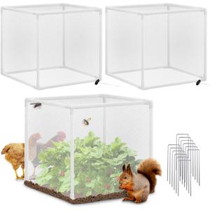 3 Pack Plant Protectors from Animals, 13.8" X 13.8" Detachable Plant Cages for Outdoor Plants with Netting, Square Plant Cages to Keep Animals Out with Ground Stakes (White)