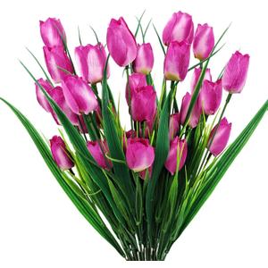 6 Pcs Tulips Artificial Flowers for Outdoors, Fake Plants Faux Plastic Silk Floral Arrangement for Home Indoor Outside Table Vase Garden Spring Decor (Purple)