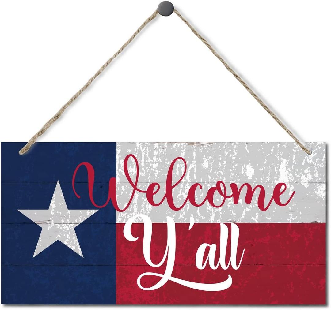 Patriotic Welcome Sign for Front Door, Welcome Yall Wooden Door Hanger, Texas Flag Welcome Sign, Red White Blue Wall Decor, Independence Day Home Decoration, Rustic Farmhouse Porch Decor 12 * 6INCH