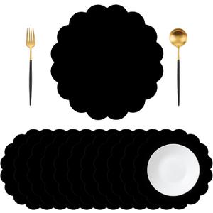 50 Pcs Black Paper Placemats Disposable, 13.5 Inch Disposable Scalloped Placemat for Birthday Wedding Baby Shower Banquet Tea Party
