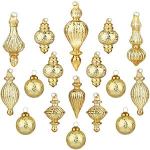 Glass Christmas Ball Ornaments Mercury Glass Drop Ornaments Holiday Trees Wreaths & Garland Decor Gold Color Size: 1.57''-5.39''(17 Pieces)