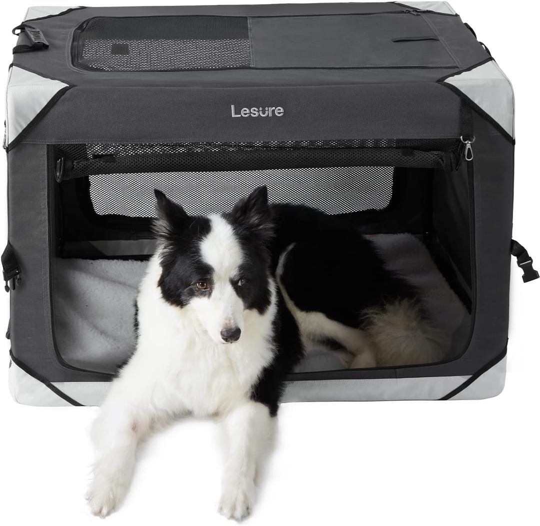 Lesure Collapsible Dog Crate - Portable Travel Kennel for Large Dog, 4-Door Pet Crate with Mesh Windows, Indoor & Outdoor, Charcoal Gray