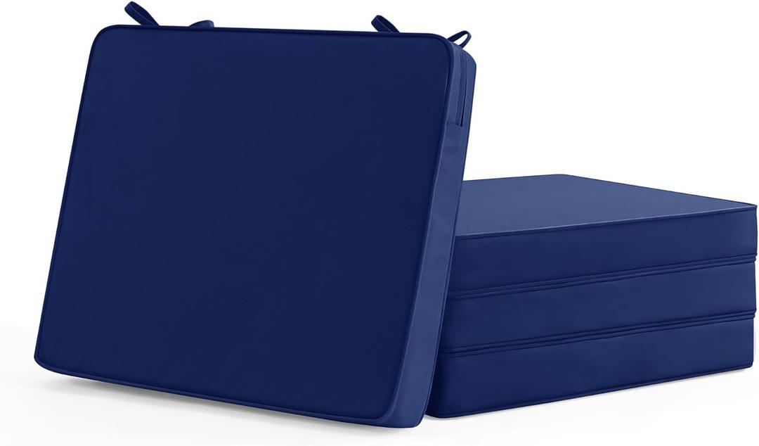 Outdoor Chair Cushions Set of 4: Waterproof & Fade Resistant Deep Seat Cushion for Patio Furniture - 24 x 24 x 3 Inch Chair Pads with Ties and Hidden Zipper - Patio Chair Cushion Replacement, Navy