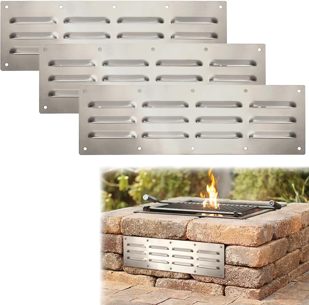 3 Pack Stainless Steel Venting Panel for Grill Accessory, Rectangle Grill Vent Cover Stainless Steel Stove Vent Cover Fire Pit Screen for Masonry Fire Pits & Outdoor Kitchen, 15x4.5 Inches