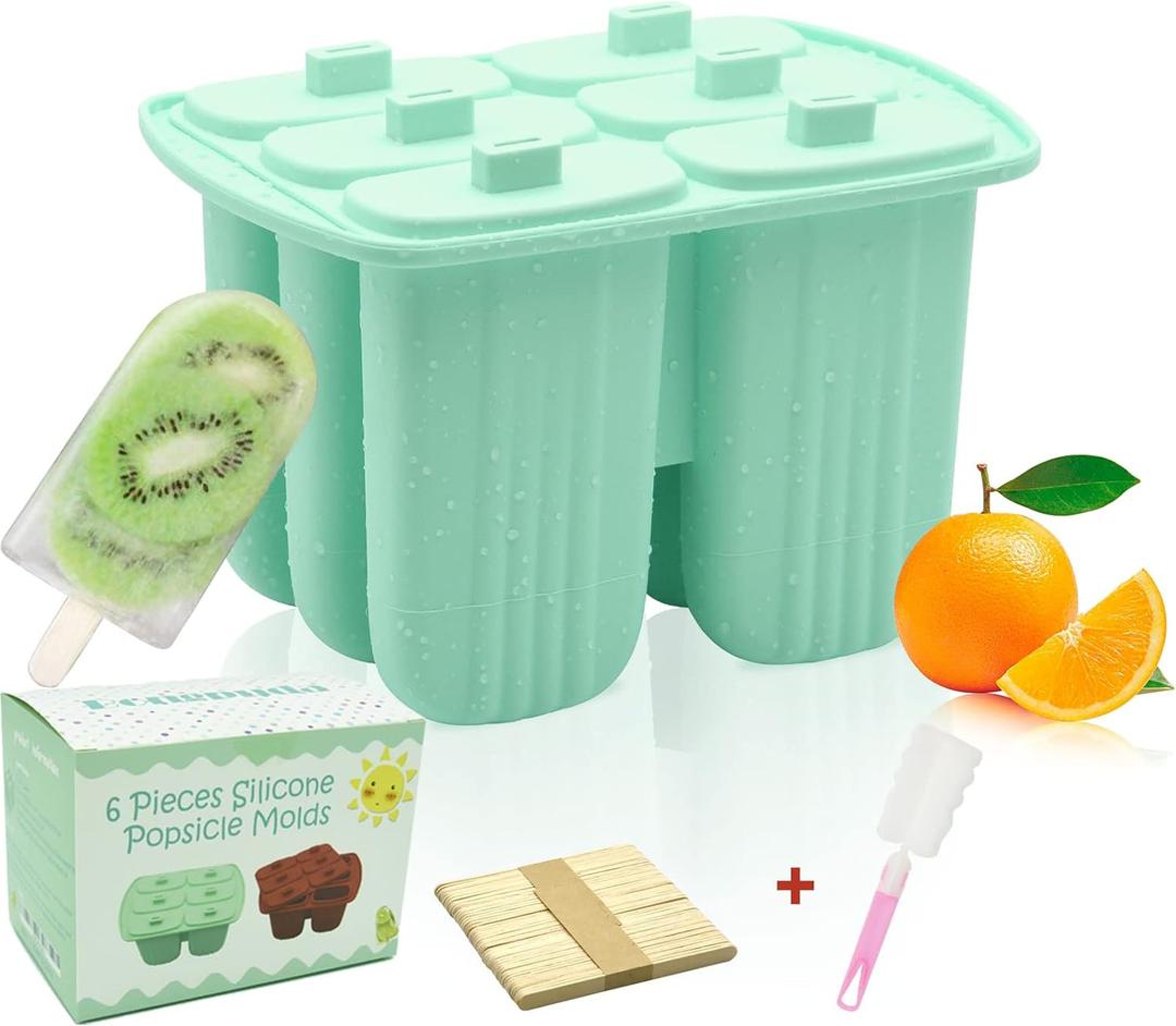 6 Pieces Silicone Popsicle Molds,Easy-Release Bpa-Free,Ice Pop Mold,Ice Cream Molds For Kids,With 50 Pcs Popsicle Sticks+Cleaning Brush(Green