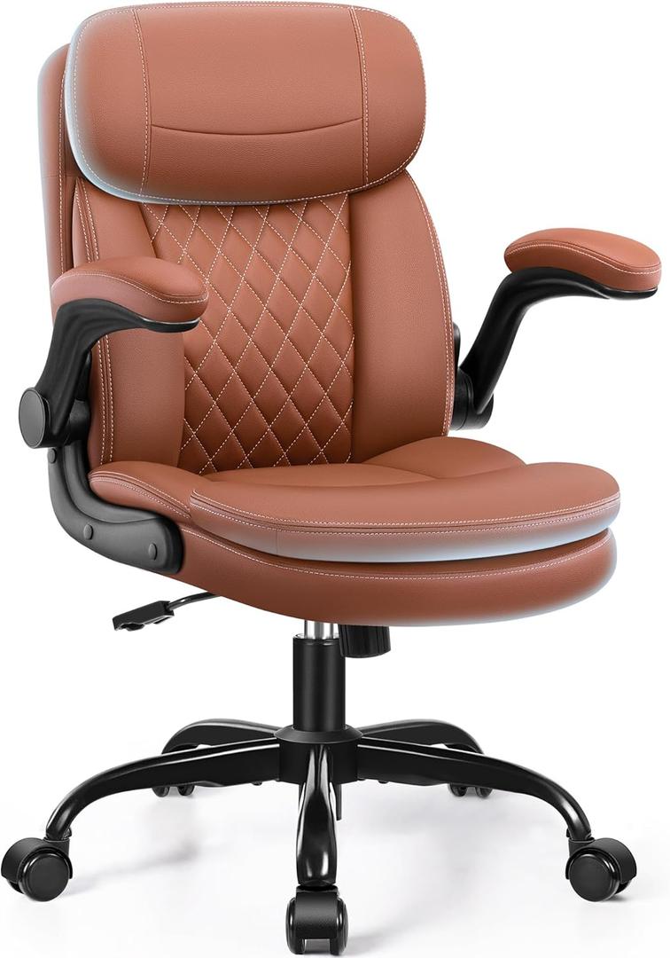 Leather Office Chair, Upgraded Double-Layer Seat Cushion and Neckrest PU Computer Desk Chairs, 360Swivel, Ergonomic Small Gaming Chair with Wheels and Adjustable Armrests for Short People, Brown