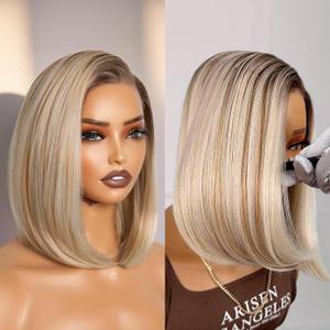 GORGIUS Ombre Blonde Bob Lace Front Wigs with Brown Roots Pre Cut Glueless Side Part Short Straight Wig For Women Pre Plucked Hairline 12 Inch 