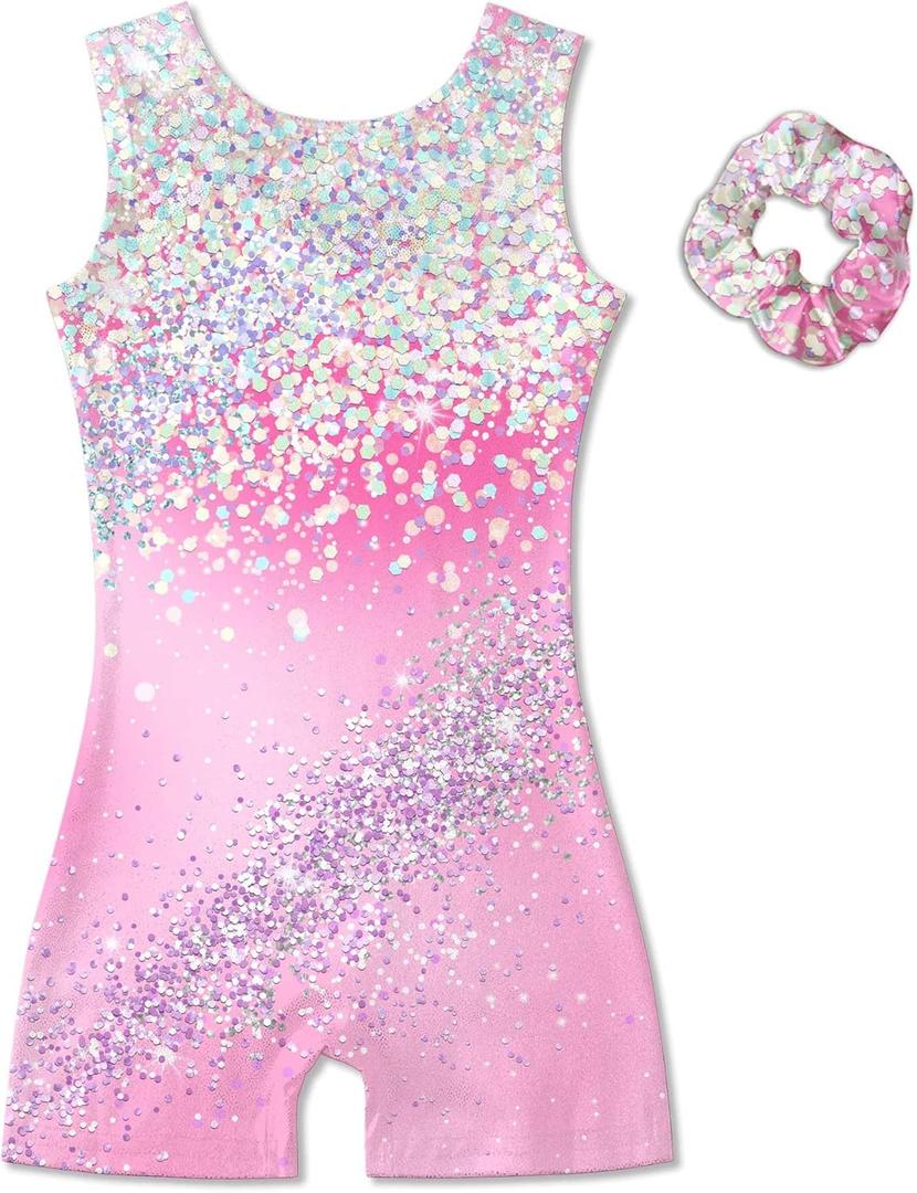 Vogseek Big Girls Gymnastics Leotards, Girls' Pink Sleeveless Ballet Dance Sets with Matching Hair Scrunchie, 3D Print Diamond Gymnastics Unitards, Size: 11-12 Years