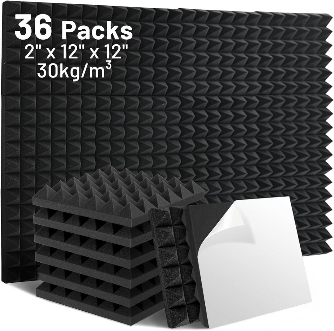 Focusound 36 Pack Sound Proof Foam Panels, 12" X 12" X 2" Pyramid Acoustic Foam Panels With Self-Adhesive, High Density Noise Reduction Soundproofing Panels for Office Studio Game Room(Black)