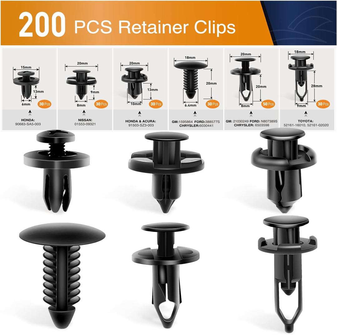 GOOACC Universal Plastic Fender Clips,200 Pcs Push Bumper Fastener Rivet Clips with 6 Size Auto Body Retainer Clips Bumpers, Car Fender Replacement for GM, Ford & Ch