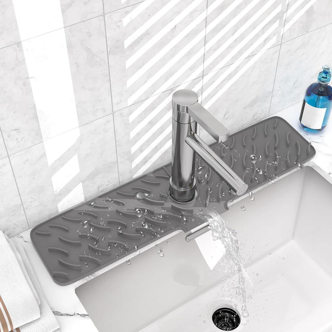 TOOVEM Silicone Faucet Mat, 24 x 5.5 Inch Kitchen Sink Splash Guard Behind The Faucet, Faucet Handle Drip Catcher Tray Dish Soap Sponge Holder for Kitchen, Bathroom,Bar, Rv (Grey)