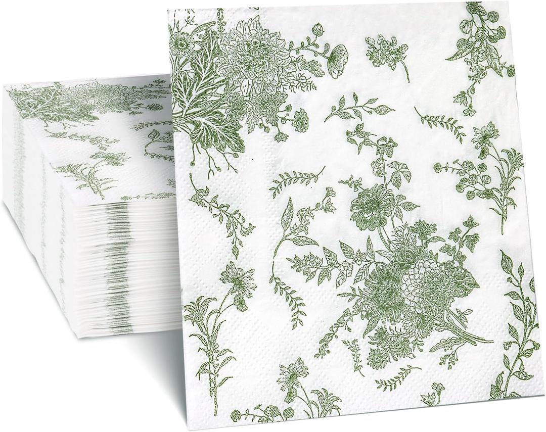 200Pack Sage Green Floral Cocktail Napkins Disposable Wedding Paper Napkin Decorative Green & White Hydrangea Flower Guest Hand Towel Fancy Dinner Napkin for Bridal Baby Shower Birthday Party Supplies