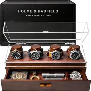 Holme & Hadfield Personalized 4-Slot Wooden Watch Display Case – Handcrafted Men’s Watch Box with Accessory Drawer, Hinged Cover, Leather Lining – Birthday Gift for Collectors – Luxury Built to Last