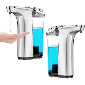 Automatic Soap Dispenser Touchless 17oz/500ml, Set of 2 Pack Liquid Soap Dispenser, Battery Countertop Dispensers with 5 Adjustable Levels, Bathroom Lotion Dispensers over Sink, Silvery