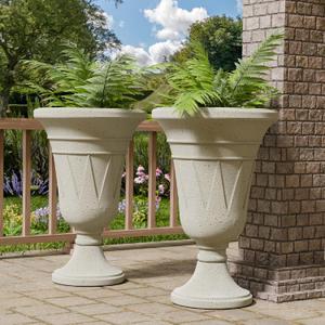 Trygoal 23.6" Tall Plastic Urn Planters for Outdoor Plants, Set of 2 Heavy-Duty Classic Indoor Large Flower Pots with Drainage Holes & Trophy Design, Outdoor Planters for Porch, Home Garden, White