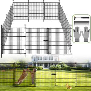 Garden Dog Fence Animal Barrier Outdoor for Yard 12 Panels with Gate 29ft(L) X 32in(H), Garden Fencing Includes Gloves, Hammer&Zip Ties, Rustproof Metal Temporary No Dig Fence Border for Dogs