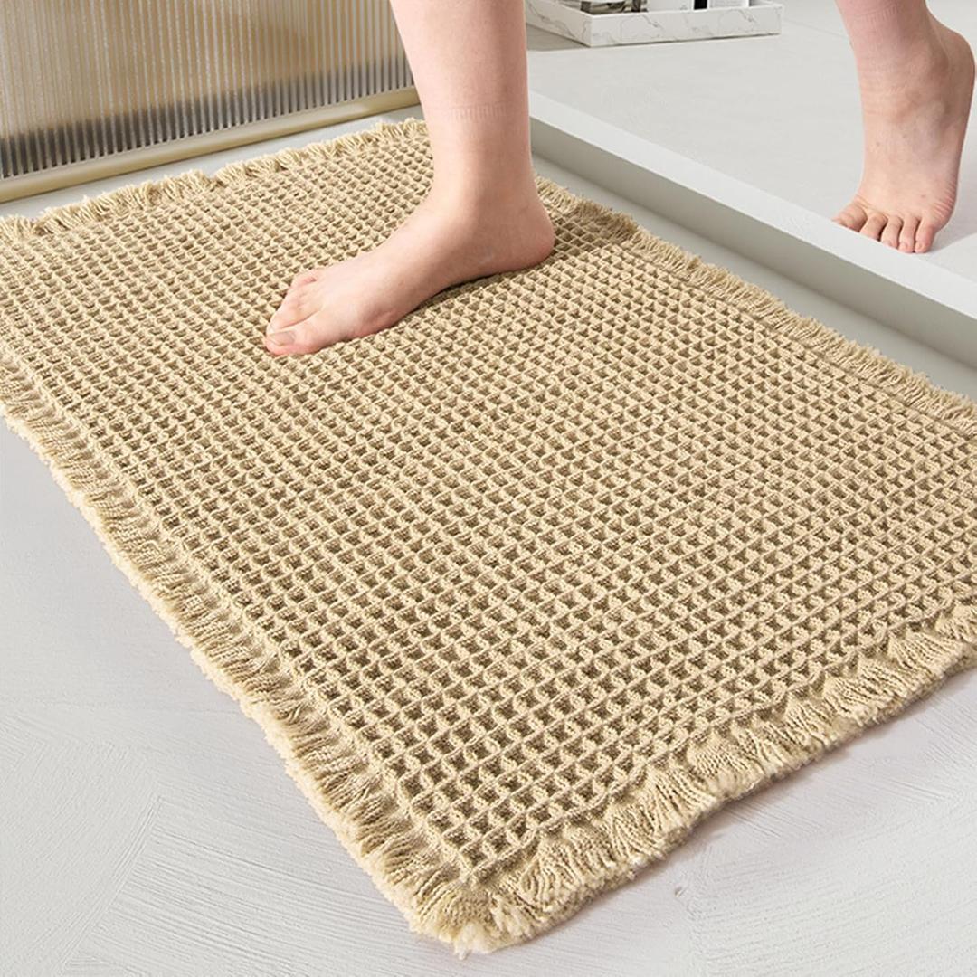 Soft Waffle Bath Mat, Super Absorbent Non Slip Bath Mats for Bathtub, Machine Washable Bathroom Rugs with Tassels, Rubber Backed (17''x 24'', Khaki)