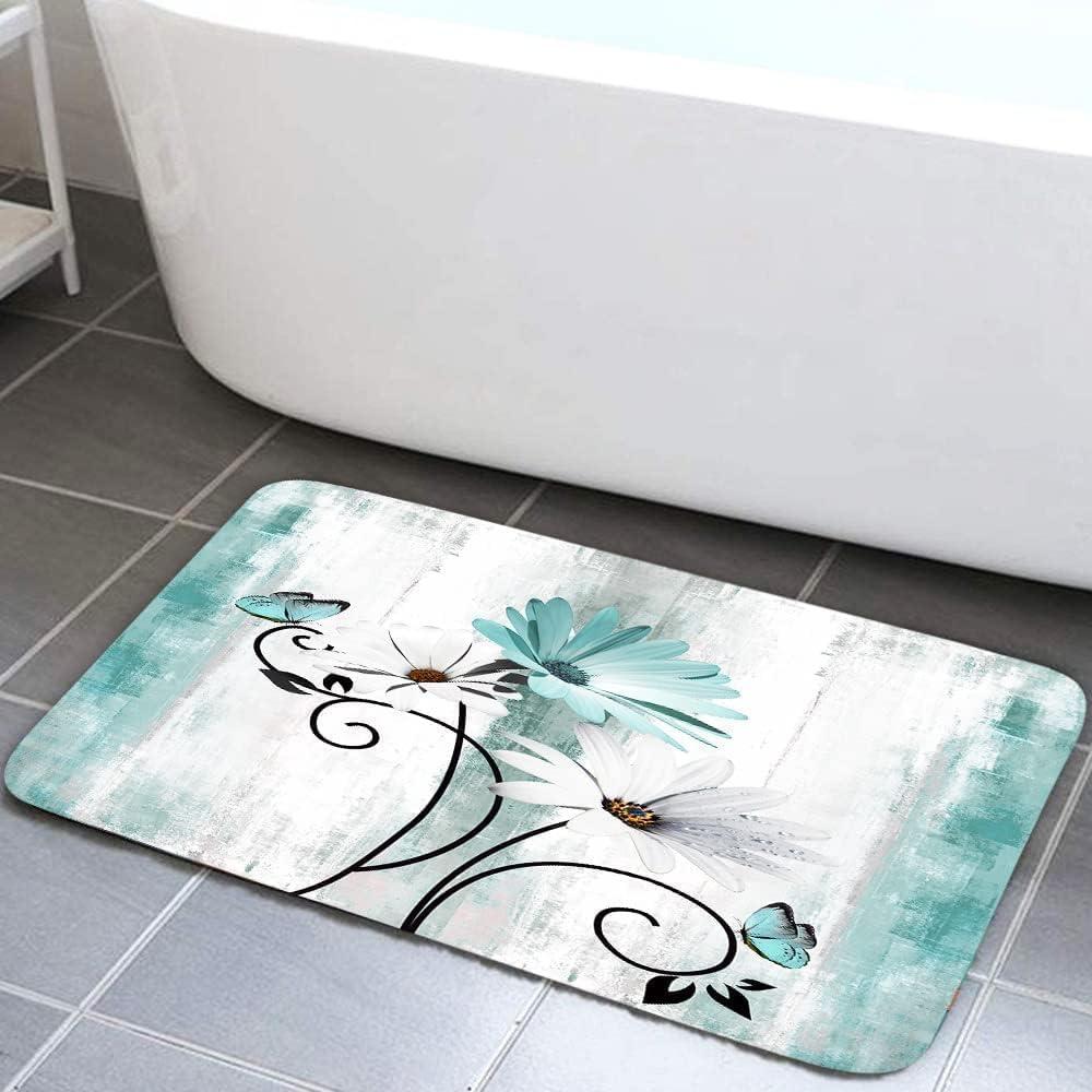Rustic Farmhouse Bath Mat, Farm Teal Daisy Floral Flowers Butterfly Country Wooden Bath Rug for Bathroom, Grey White Bath Mat Soft Non Slip Bath Rugs, 19X31IN