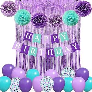 Purple Blue Party Balloons, Happy Birthday Banner, Turquoise Green Fringe Curtain Pompom for Girl Women Baby Shower Party Decoration