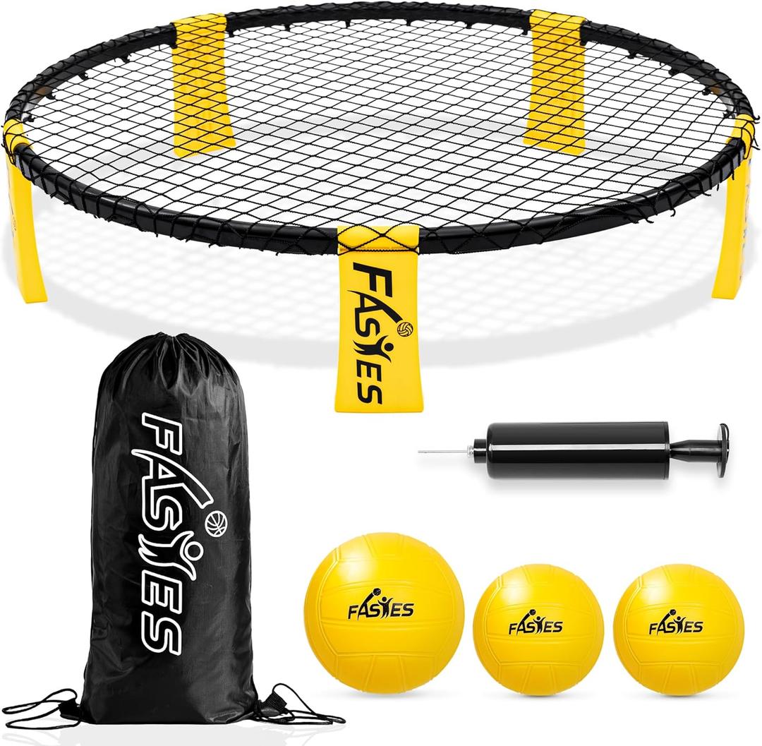 Outdoor Beach Ball Game Includes 3 Balls, Net and Carrying Bag -Roundnet Game Set for Adults, Kids, and Family - Perfect for Beach, Yard, Lawn, Backyard, and Park (Black and Yellow)