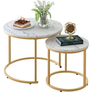 aboxoo Coffee Table Nesting White Set of 2 Side Set Golden Frame Circular Round and Marble Pattern Wooden Tables, Living Room Bedroom Apartment Modern Industrial Simple Nightstand