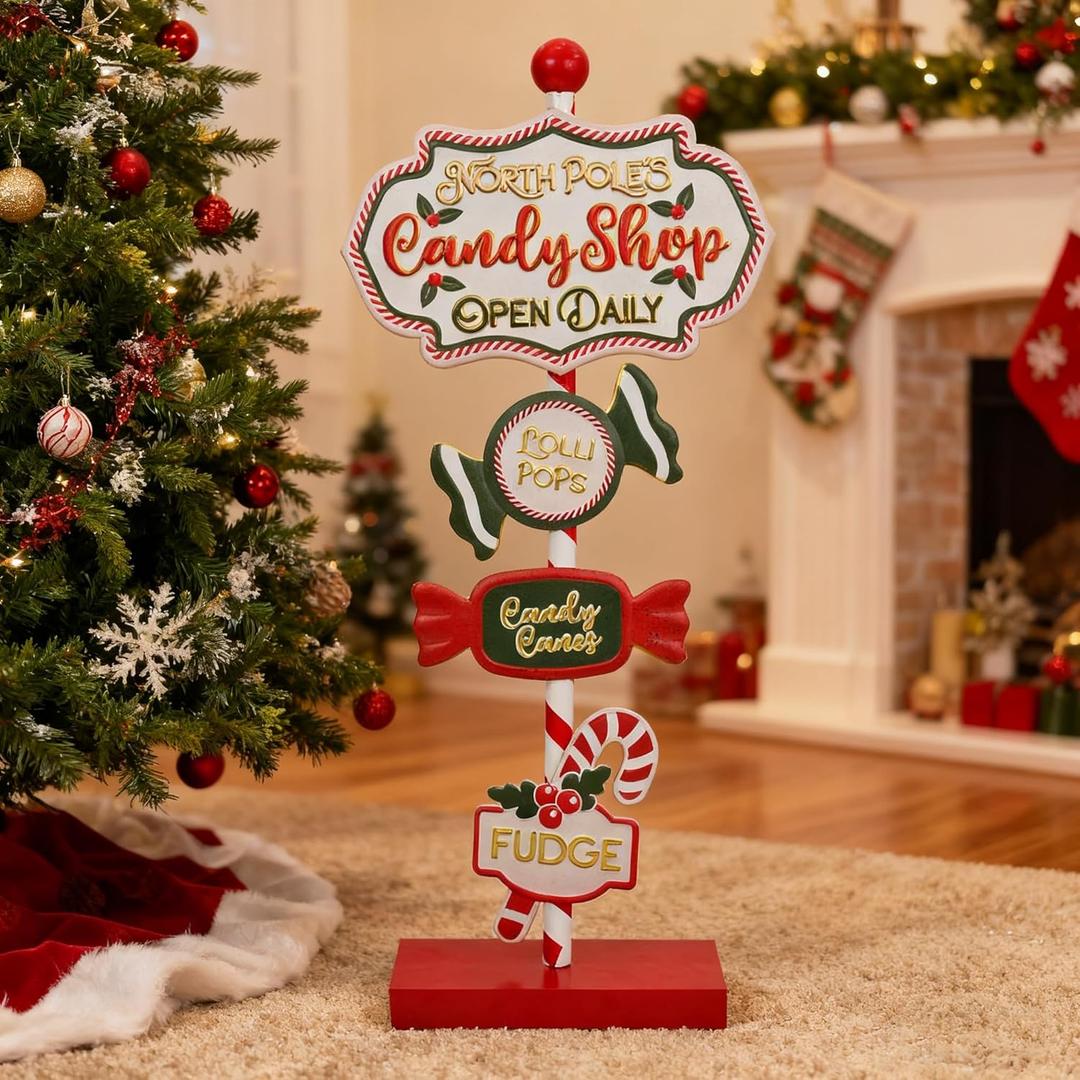 Christmas Candy Shop Yard Signs Stake 30" H Metal Decoration Yard Stand Sign Stake with Lollipop Fudge Sign Festival Holiday Display for Front Door Indoor Outdoor Rustic Garden Patio Porch Decor