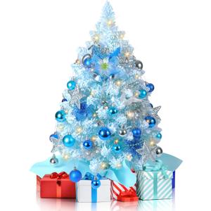 2FT Snow Flocked Christmas Tree, Blue Mini Christmas Tree, Artificial Tabletop Christmas Trees with 60 LED Lights,100 Branch Tips, 47 Ornaments, Small Prelit Xmas Tree for Home Party