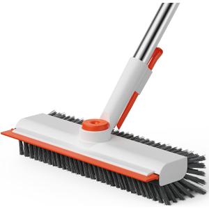 Floor Scrub Brush with Long Handle, 3 in 1 Scrape and HeavyDuty Stiff Bristle Scrubber Brush for Cleaning Shower Bathroom, Patio, Pool, Garage, Kitchen, Wall and Deck (Gray, 1 Pack)