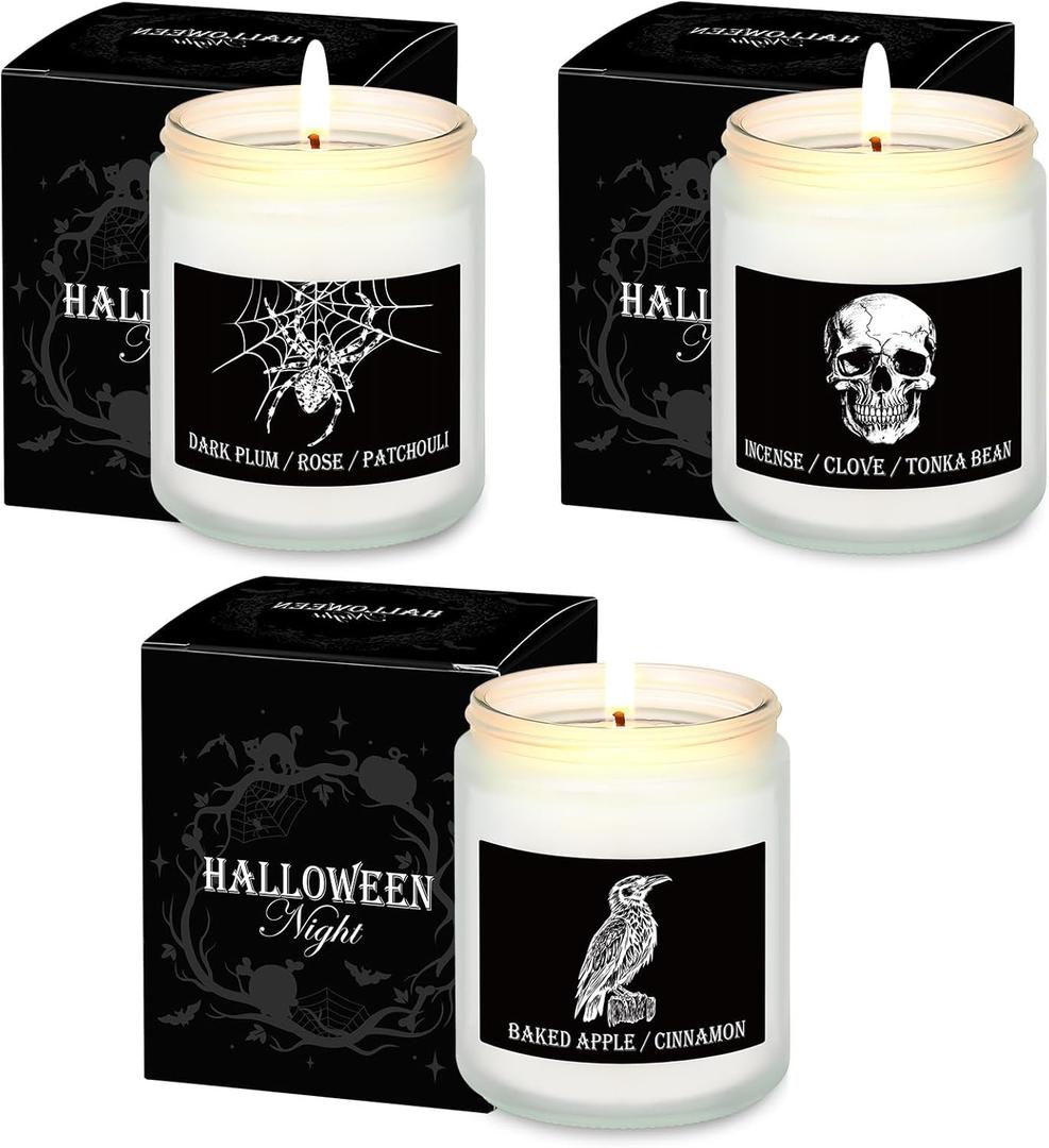 3 Pack Halloween Scented Candles Gifts Halloween Spooky Skull Crow Spider Candles Set with Presents Boxes for Home Decor Indoor (Multicolor)