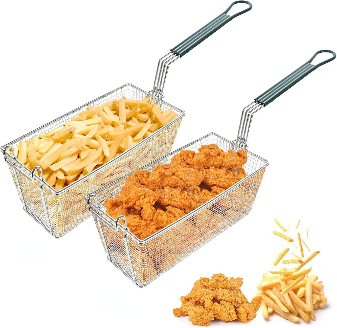 Deep Fryer Basket with Front Hooks, Non-Slip Handle, 13.2" x 6.5" x 5.9" Basket, 11.2" Long Handle, Easy Installation