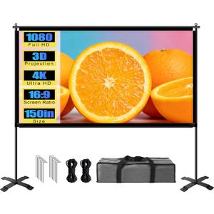 Outdoor 150inch Projector Screen with Stand, Portable Projector Screen with Carry Bag, Indoor 4K HD Movie Projection Screen for World Cup Outside Home Theater Backyard, 16:9