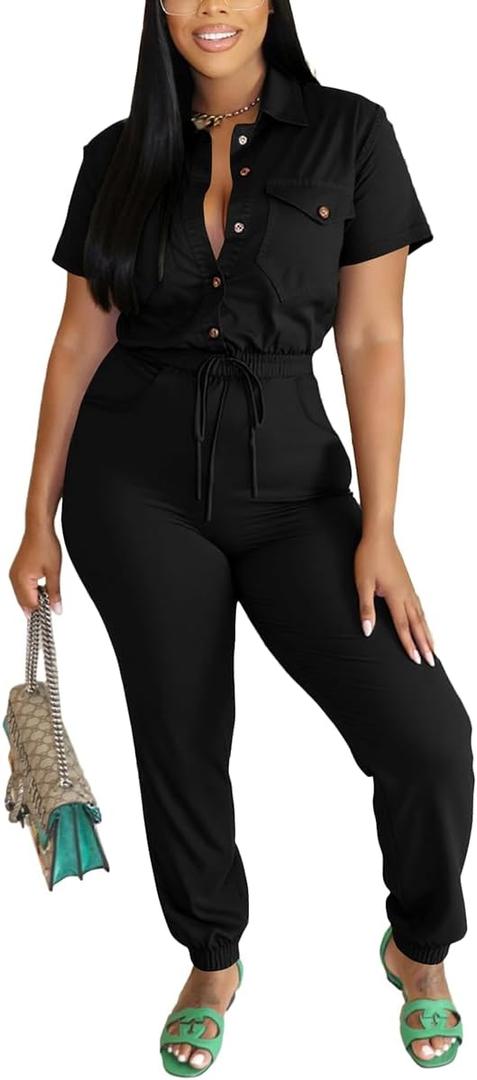 PINSV 2 Piece Outfit For Women Short Sleeve Shirt Collar Front Button Top Drawstring Jogger Pants Casual Tracksuit (Black, XXL)