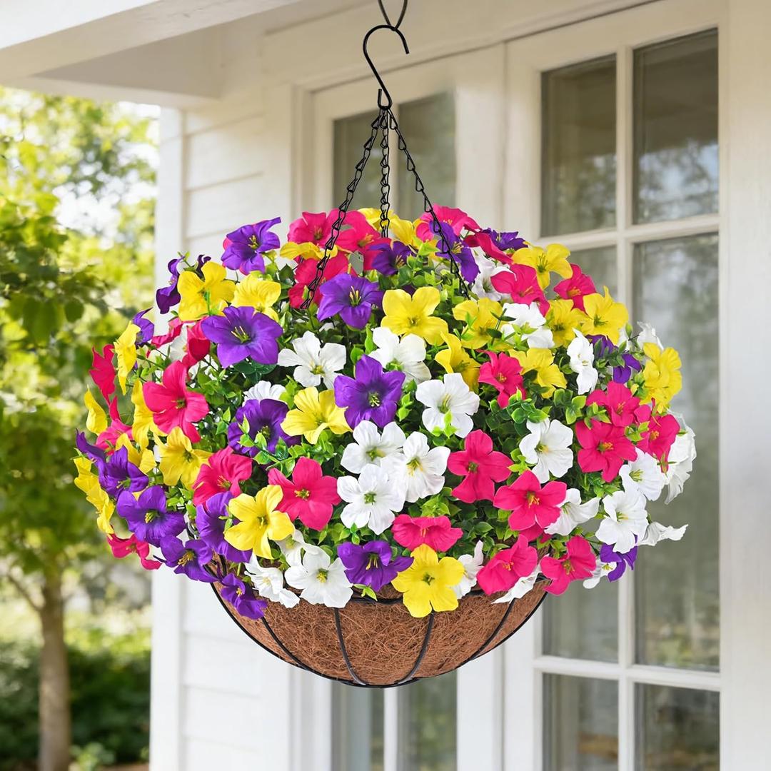 Realistic Artificial Hanging Flowers for Outdoors with Basket, 1 Set Large Size UV Resistant Artificial Outdoor Flowers, Full Faux Outdoor Flowers Fake Hanging Flowers for Porch, Front Door, Garden