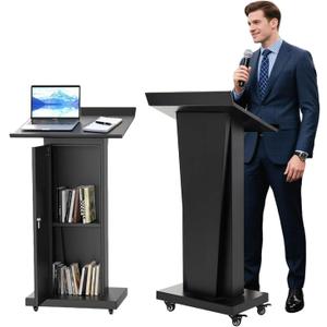 Podium Stand with Wheels, Heavy Duty Podium with Wheels & Storage, Rolling Podium for Teachers withSlanted Desktop, Black Metal Podium for Classroom, Lecterns & Podiums Church