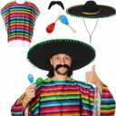 Unittype 6 Pcs Mxeican Costume Set Sombrero Hat Serape Poncho Mustache Maracas Fiesta Outfit Mexco Accessories, One Size