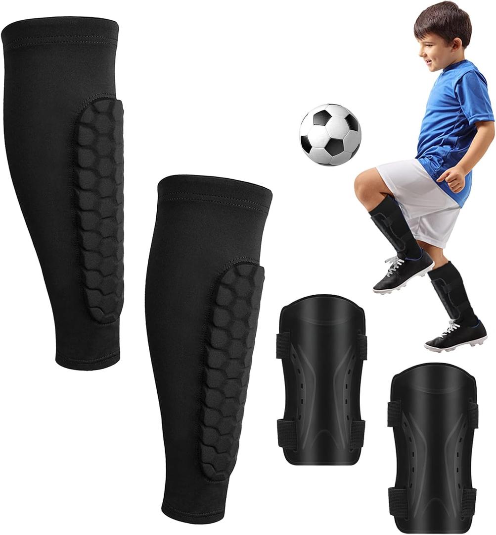 Soccer Shin Guards for Kids Youth, Shin Guards Kids, Calf Compression Sleeve with Honeycomb Pads + Hard Shell Shin Guards with Adjustable Straps for Football Training and Games (Small)