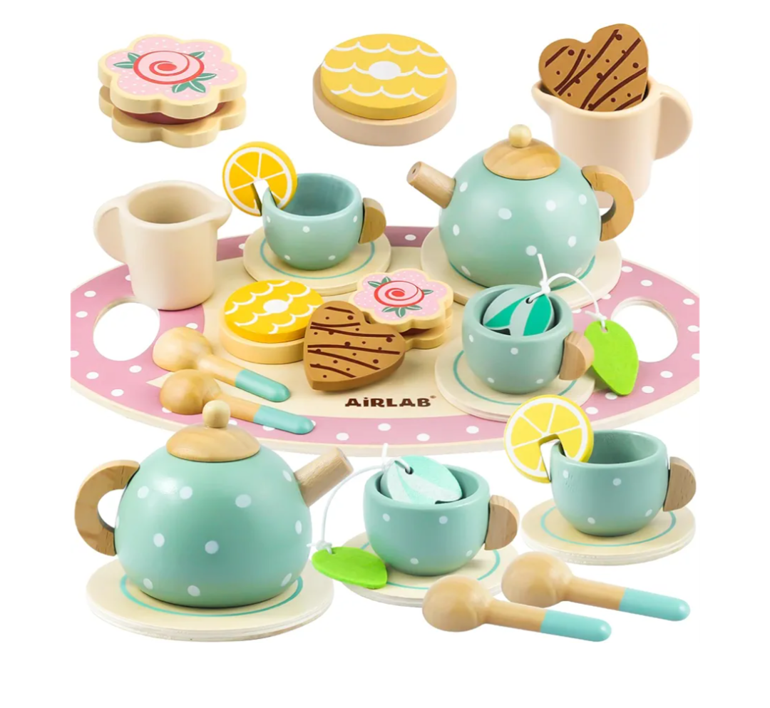 Wooden Tea Set for Little Girls Play Food Pretend Play Kitchen Accessories for 3 4 5 Years Old Girls and Boys Toddler Princess Tea Time Party Food Toys