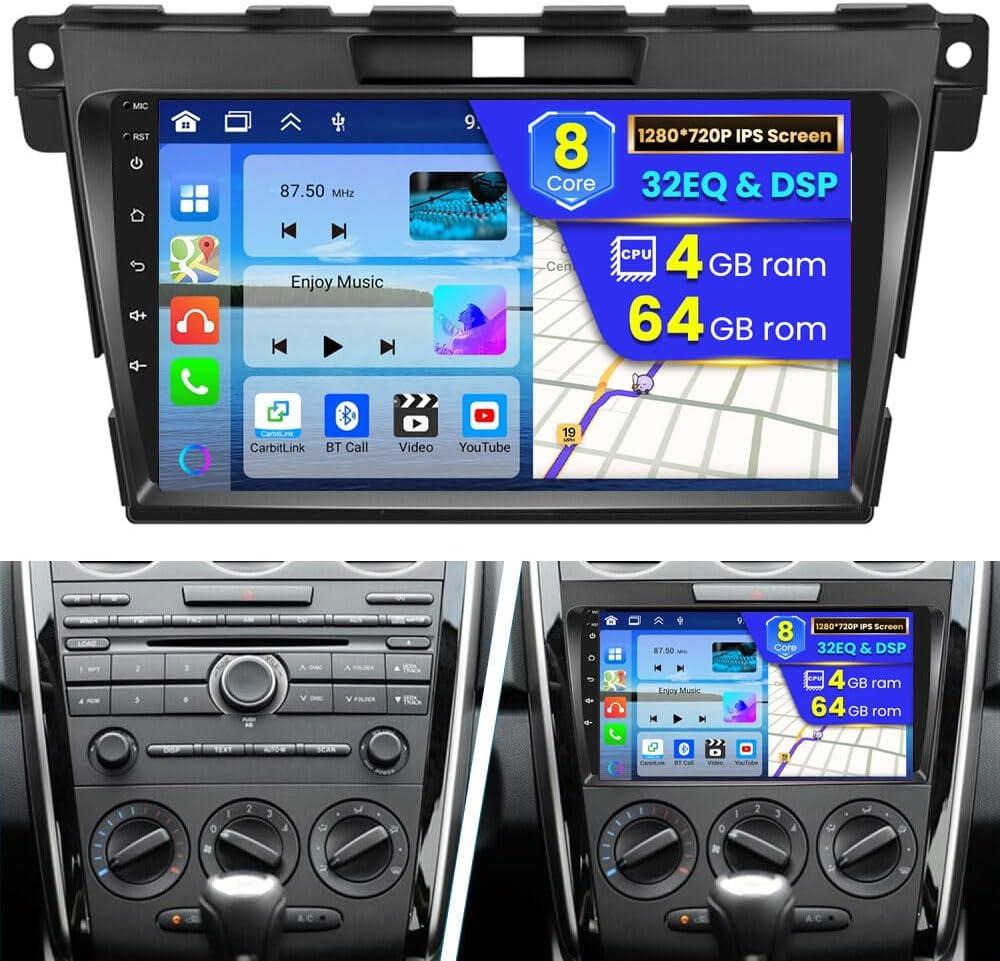 8 Core 4+64G for Mazda CX-7 CX7 2008 2009 2010 2011 2012 2013 2014 2015, Wireless Carplay Android Auto, Hikity 9 Inch Android 13 Touch Screen Bluetooth Radio DSP BT 5.0 GPS Navigation WiFi