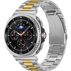 Metal Bands Compatible with Samsung Galaxy Watch 8 Band 44mm 40mm/Galaxy Watch 8 Classic 46mm, No Gap Stainless Steel Strap for Women and Men, Silver-Gold