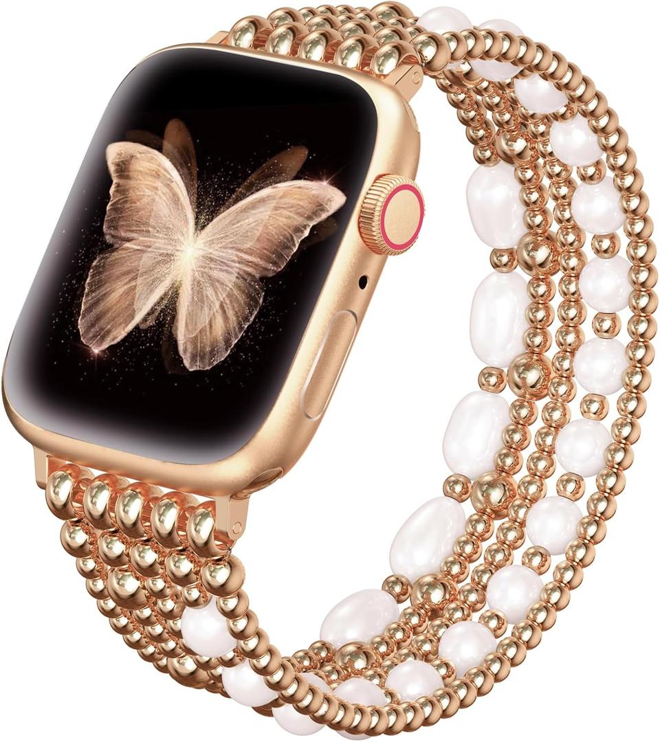 fastgo Beaded Bracelet Band Compatible with Apple Watch Band 44mm/45mm/42mm/49mm Women(Rose Gold)