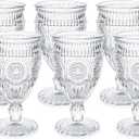 Kingrol Vintage Goblet Glasses Set of 6, 10 oz Heavy-Duty Pressed Glass Water or Wine Glasses with Ornate Design for Dining, Daily Use or Party Display