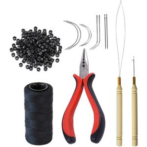 Hair Extensions Tool Kit: 200 Pcs Silicone Lined Micro Links Beads, 1 Three Hole Hair Pliers, 1 Roll Sewing Thread, 1 Loop Needle Threader, 1 Pulling Hook Needle, 8 Sewing Needles (Black)