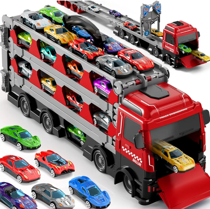 78-Inch Cars Trucks Toys for Toddler 1-3 2-4 3-5 4-7 Years Old Boys Kids, Transport Truck with 24Pcs Die-Cast Cars, Gifts for 3 4 5 6 Year Old Boys, Toddler Boy Toys Ages 3-5 4-7