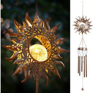 Solar Wind Chimes, Sun Wind Chime Outdoor Clearance w/Glowing Crackle Glass LED Unique Wind Bells for Outside Waterproof Chimes, Gifts for Her/Him (42" Long Metal Chimes)